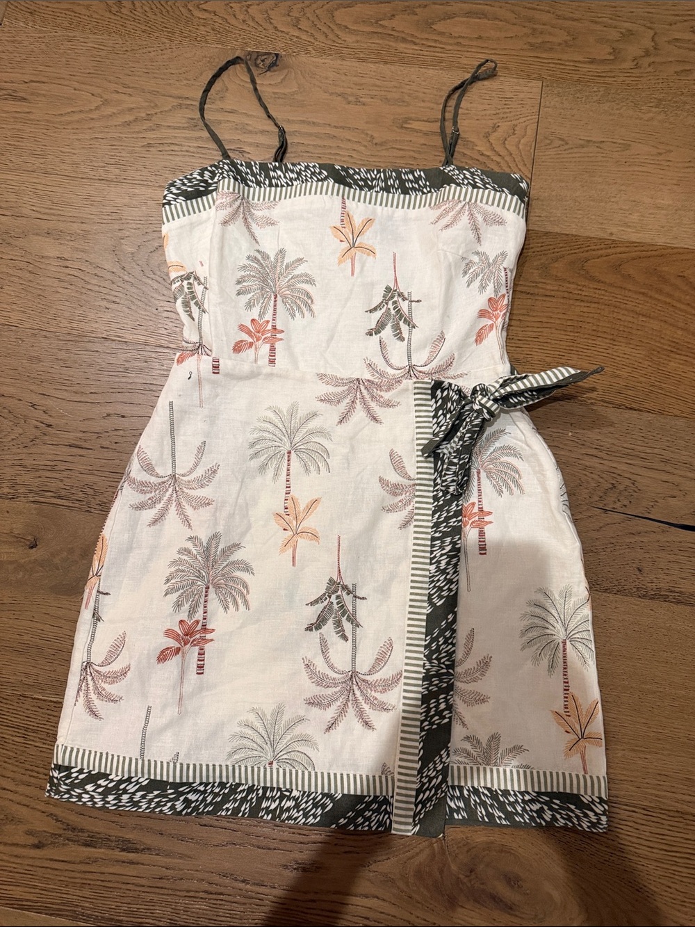 LOFT Cream Palm-Print Spaghetti Strap Mini Dress with Black Trim
